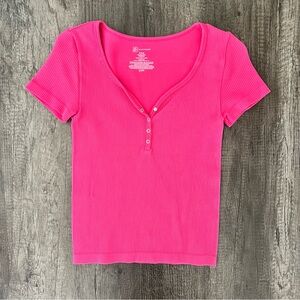 Pink Ribbed Button-Up Top